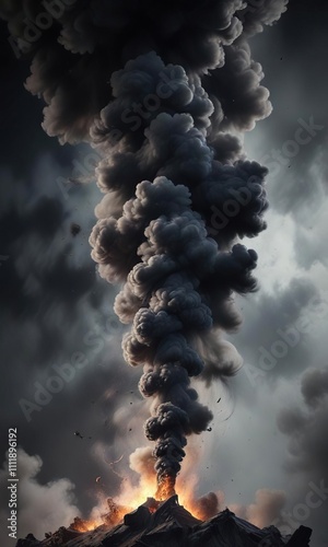 Dark plume of smoke billowing upwards with a sense of menace, threatening vapor, turbulent movement photo