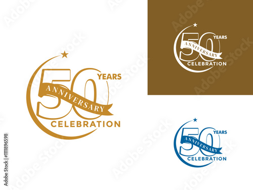 Premium anniversary 50 years celebration emblem logo design vector, Anniversary celebration logo on gold, blue, and white color with stars