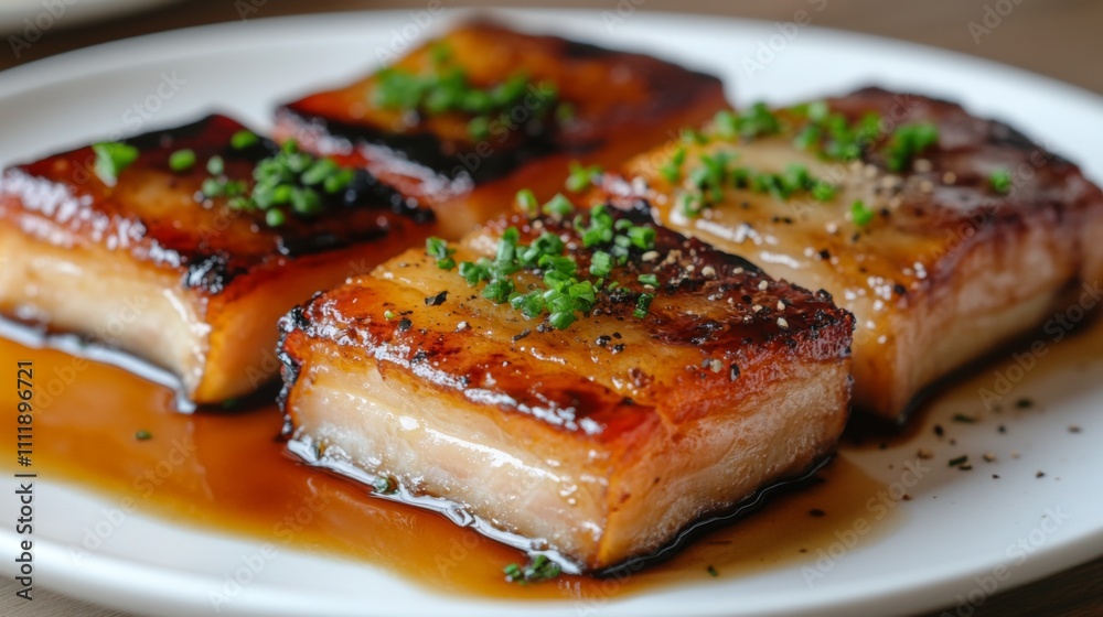 Deliciously Glazed Pork Belly with Fresh Chives and Sauce Deliciously Glazed Pork Belly with Fresh Chives and Sauce