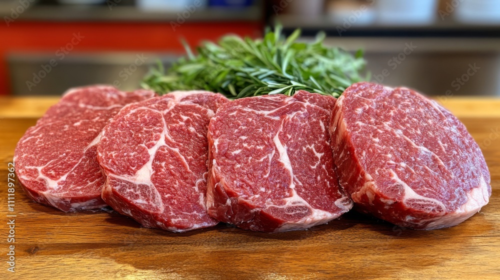 Fresh Red Meat Cuts with Herbs on Wooden Cutting Board Fresh Red Meat Cuts with Herbs on Wooden Cutting Board