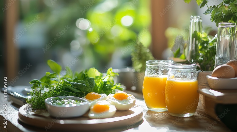 Energizing breakfast table setup with eggs, greens, and fresh juice Energizing breakfast table setup with eggs, greens, and fresh juice