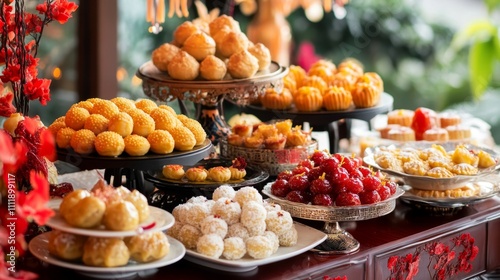 Festive Setting with Lavishly Decorated Table Full of Delicacies