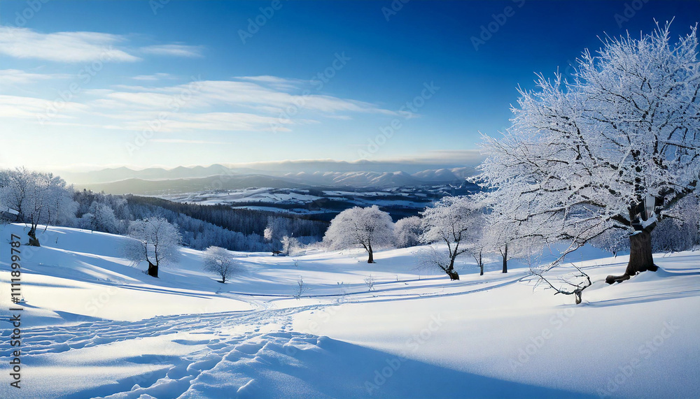 Serene Winter Landscape With Snow-Covered Hills And Trees Serene Winter Landscape With Snow-Covered Hills And Trees