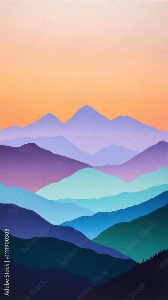 A serene landscape of layered mountains at sunset, showcasing vibrant colors.