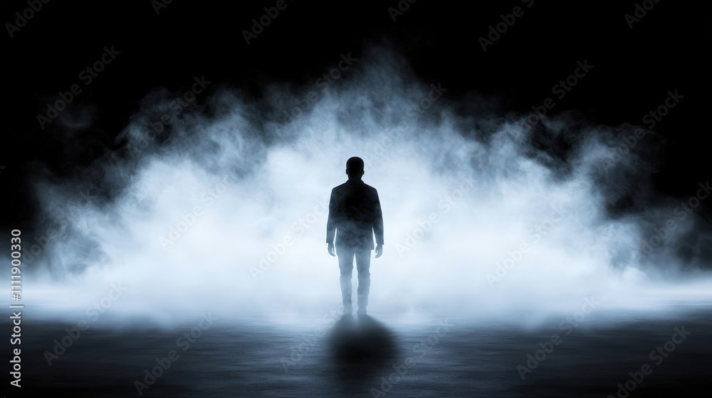 Mysterious Silhouette in Fog  Dark Moody Background  Dramatic Scene  Man in Smoke