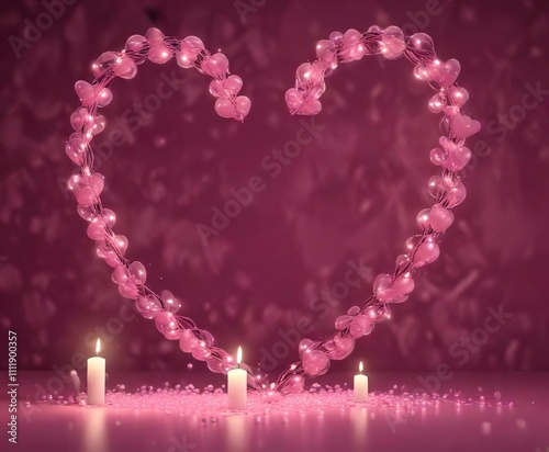 Pink heart-shaped balloon with burning candles and a few strands of fairy lights on a dark pink background , home, ambiance photo