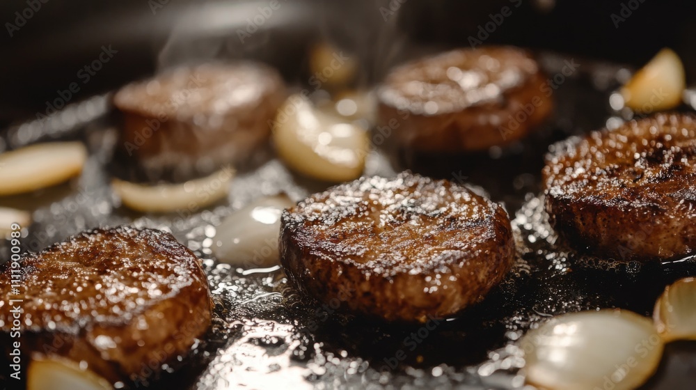 Juicy Beef Patties Cooking with Garlic and Onion in Hot Pan Juicy Beef Patties Cooking with Garlic and Onion in Hot Pan