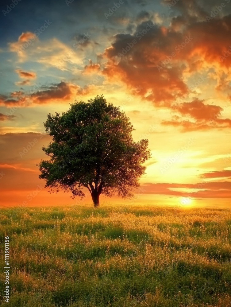 A solitary tree stands proudly in a vast field as the sun sets, casting vibrant hues across the sky and illuminating the landscape. Generative AI A solitary tree stands proudly in a vast field as the sun sets, casting vibrant hues across the sky and illuminating the landscape. Generative AI