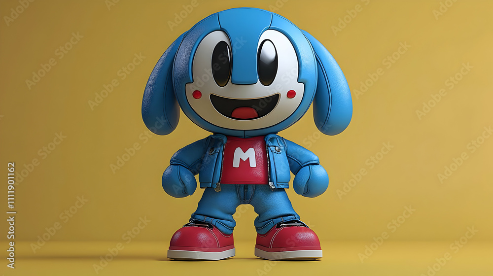 Cute Blue Dog Character in Denim, Joyful 3D Cute Blue Dog Character in Denim, Joyful 3D