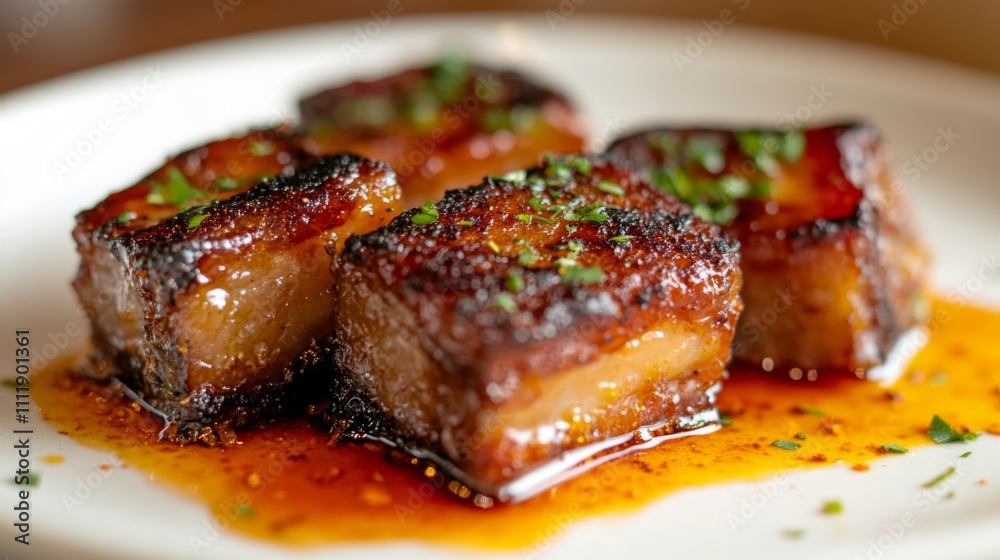 Savory Glazed Pork Belly with Garnish on a White Plate Savory Glazed Pork Belly with Garnish on a White Plate
