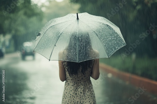 Woman walking in rain with transparent umbrella feeling serene.