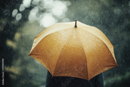 A person stands under a yellow umbrella in the rain  water droplets clinging to the fabric.