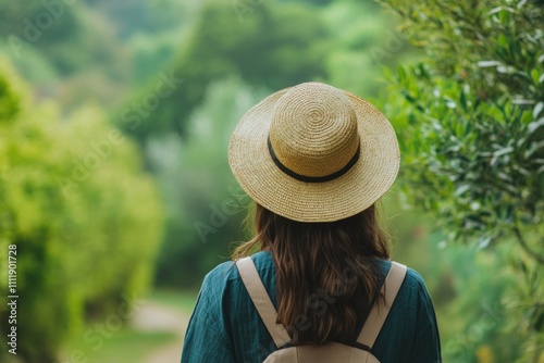 Woman with straw hat admires scenic landscape  enjoying nature's tranquility.