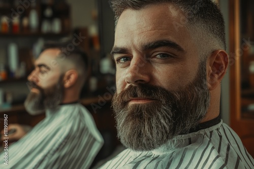 A man with a thick  graying beard sits in a barbershop  looking directly at the camera.