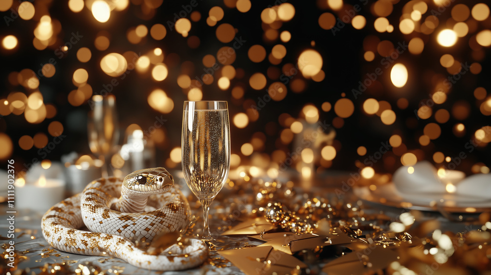 Snake with an Envelope of Money Amid Festive Party Decorations and Champagne Toasts - Ideal for Celebrating Financial Achievements Snake with an Envelope of Money Amid Festive Party Decorations and Champagne Toasts - Ideal for Celebrating Financial Achievements