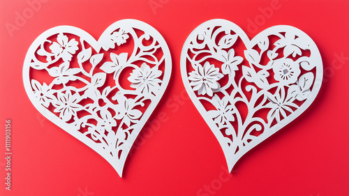 Two white paper cutout hearts on a red background