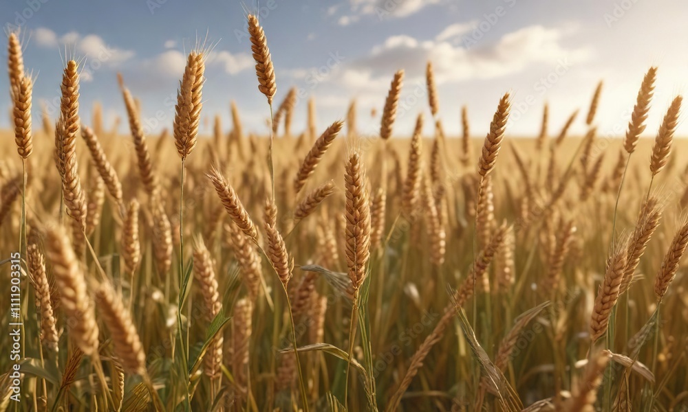 Field of golden wheat swaying gently in the breeze, wheat field, countryside landscape Field of golden wheat swaying gently in the breeze, wheat field, countryside landscape