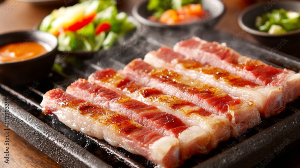 Grilled Pork Belly on Sizzling Plate with Fresh Herbs and Vegetables Grilled Pork Belly on Sizzling Plate with Fresh Herbs and Vegetables