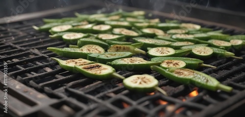 Okra sliced by long handle spatula on hot grill , kitchen tools, grill photo