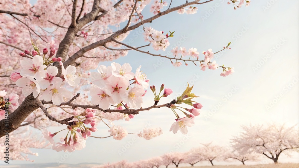 Watercolor blooming cherry blossom tree in spring, botanical illustration, spring scenery Watercolor blooming cherry blossom tree in spring, botanical illustration, spring scenery