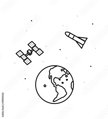 ロケットと人工衛星と地球のイラスト　線画のみ
