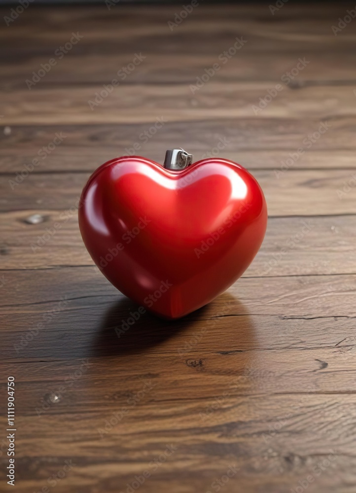 A sleek and shiny red heart-shaped bomb with a short sparking fuse on its top, lying on a wooden table, glossy red heart bomb, sparkling fuse A sleek and shiny red heart-shaped bomb with a short sparking fuse on its top, lying on a wooden table, glossy red heart bomb, sparkling fuse