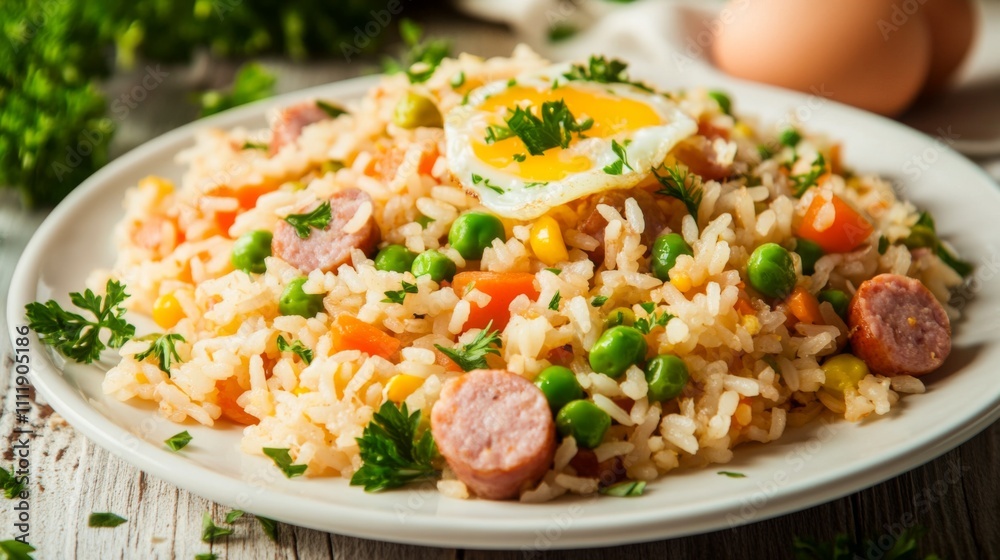 Colorful Rice Dish with Sausage and Fried Egg Garnished with Herbs Colorful Rice Dish with Sausage and Fried Egg Garnished with Herbs