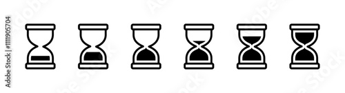 Sand clock set icons. Linear, silhouette style. Vector icons.