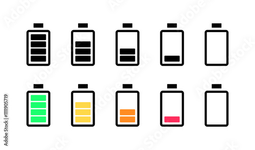 Battery charge level set icons. Silhouette and flat style. Vector icons.