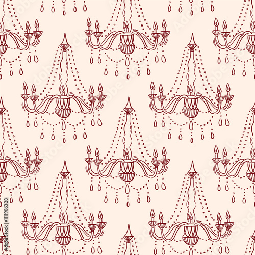 Seamless vector pattern with hand drawn vintage chandelier. Coquette style line art crystal lamp background. Sketch drawing of antique lighting. Texture for wallpaper, wrapping paper, textile design