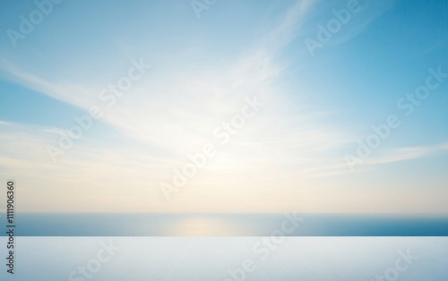 Create a portrait oriented photography studio background image. In the background is the sky of the sea, located on top of another white panel in the outdoor environment  photo