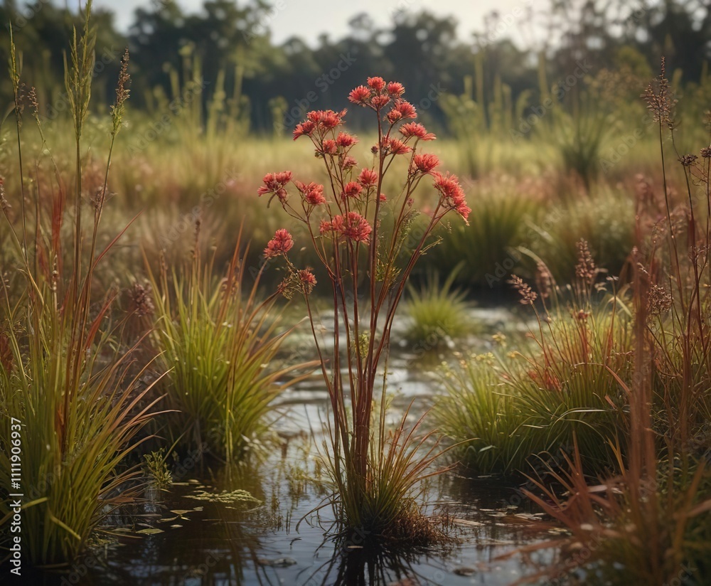 Mature Drosera rotundifolia plant growing in marshland with tall reeds, british flora, marshland plants, wetland Mature Drosera rotundifolia plant growing in marshland with tall reeds, british flora, marshland plants, wetland
