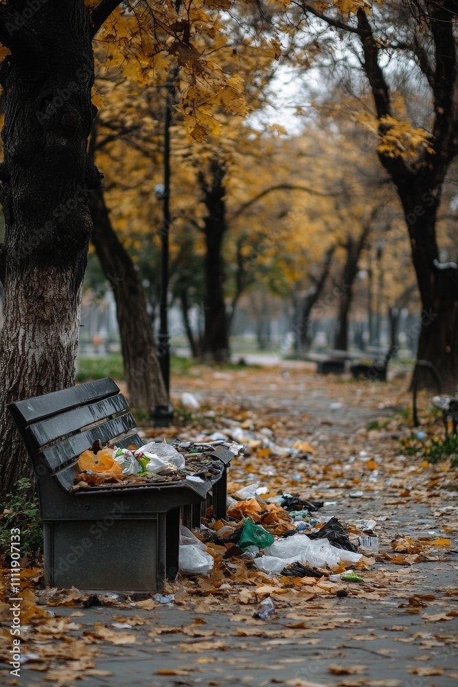 Overfilled park bench, autumn leaves, litter. Overfilled park bench, autumn leaves, litter.