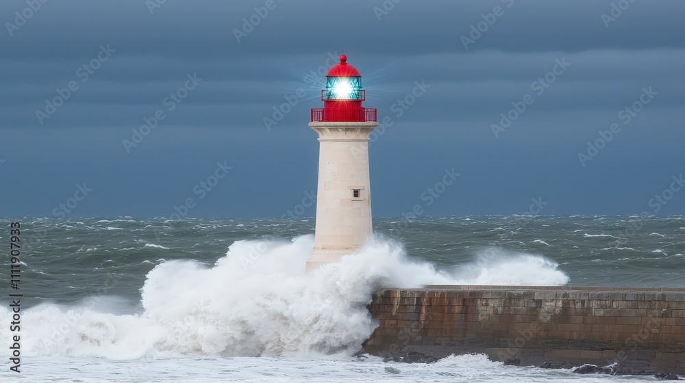 Dramatic Lighthouse Beacon Shining Through Stormy Seascape Dramatic Lighthouse Beacon Shining Through Stormy Seascape