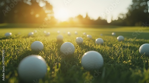 Golf balls on the golf course with clubs ready for the first short. In the morning, with the beautiful sunlight.Sports that people around the world play in the holidays