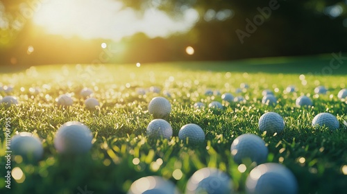 Golf balls on the golf course with clubs ready for the first short. In the morning, with the beautiful sunlight.Sports that people around the world play in the holidays