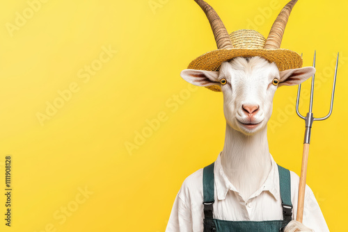 Wallpaper Mural goat dressed in farmer outfit with straw hat and holding pitchfork stands against bright yellow background, showcasing whimsical farm theme Torontodigital.ca
