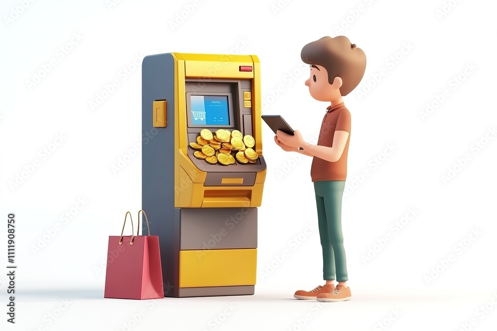 Young individuals interact with colorful ATM machines and digital devices. AI generated image