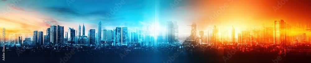 A city skyline with a bright orange sunset in the background A city skyline with a bright orange sunset in the background