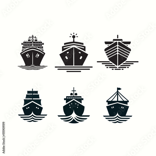 Silhouette Color Icons Of Cruise Ships. Ocean Vessel Pictogram. Symbols Collection Of Cargo Ship, Cargo Marine Transport, 
