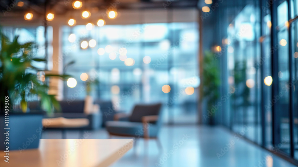 Modern office interior with soft lighting and panoramic windows enhancing the business atmosphere Modern office interior with soft lighting and panoramic windows enhancing the business atmosphere