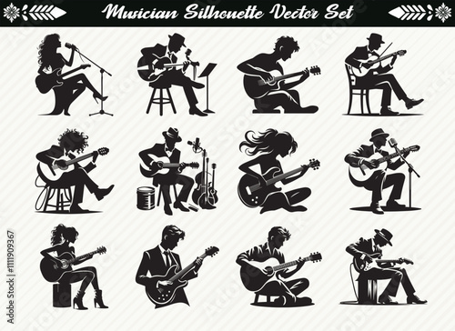 Musician Silhouette Set Collection of Musical Poses and Instruments for Creative Design Projects