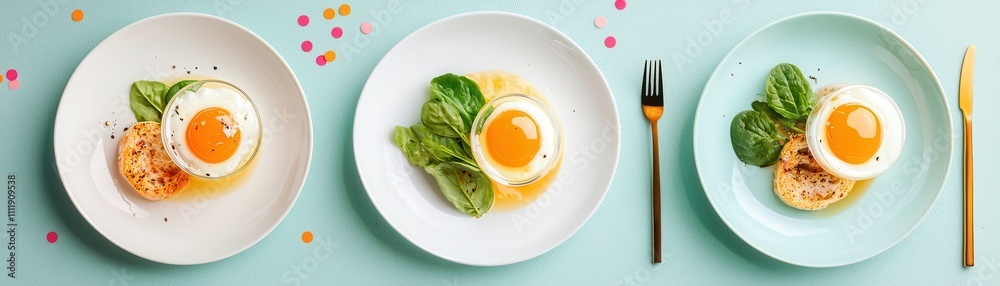 Colorful Breakfast Plates with Egg, Spinach, and Toast on Mint Green Background Colorful Breakfast Plates with Egg, Spinach, and Toast on Mint Green Background