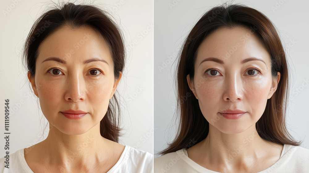 Chinese Woman Comparing Before-and-After Skincare Results with Visible Nasolabial Folds and Freckles to Clean, Bright Skin Chinese Woman Comparing Before-and-After Skincare Results with Visible Nasolabial Folds and Freckles to Clean, Bright Skin