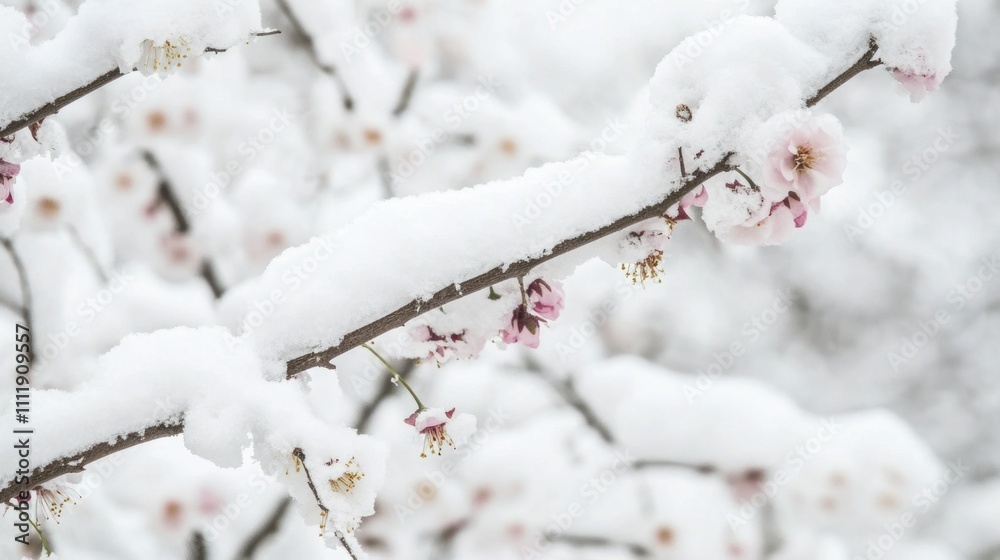 Snow-covered trees and branches in a serene winter garden, with delicate red blossoms peeking through the snow, capturing a poetic blend of purity and vitality. Snow-covered trees and branches in a serene winter garden, with delicate red blossoms peeking through the snow, capturing a poetic blend of purity and vitality.
