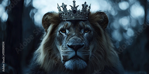 Lion wearing crown, king lions illustration powerful feline animal, predator cat mane leader of pack background photo