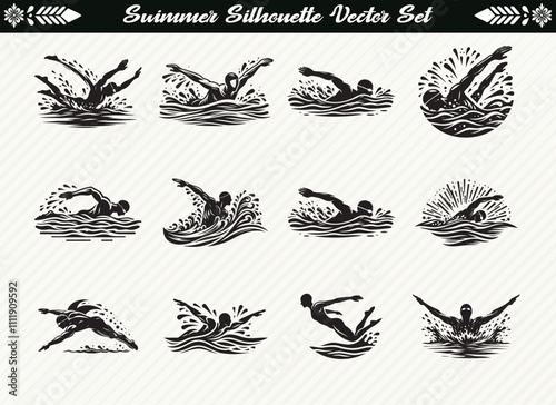 Swimmer Silhouette Set Collection of Swimming Poses and Water Sports for Design Projects