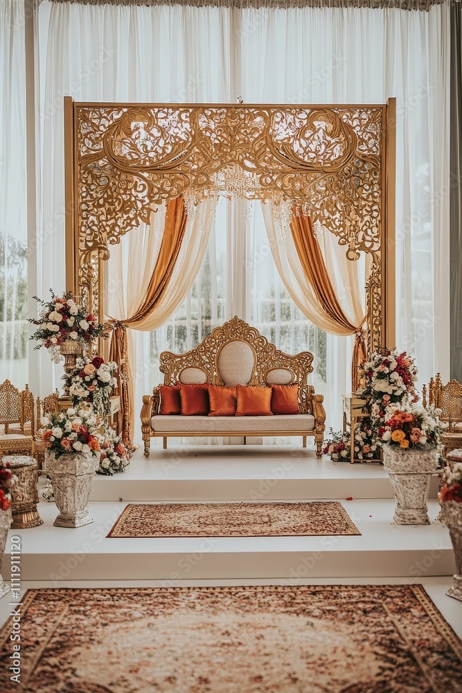 Ornate gold wedding setup; couch, flowers, rug. Ornate gold wedding setup; couch, flowers, rug.