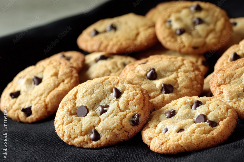 Pile of freshly baked chocolate chip cookies on a black napkin. Pile of freshly baked chocolate chip cookies on a black napkin.