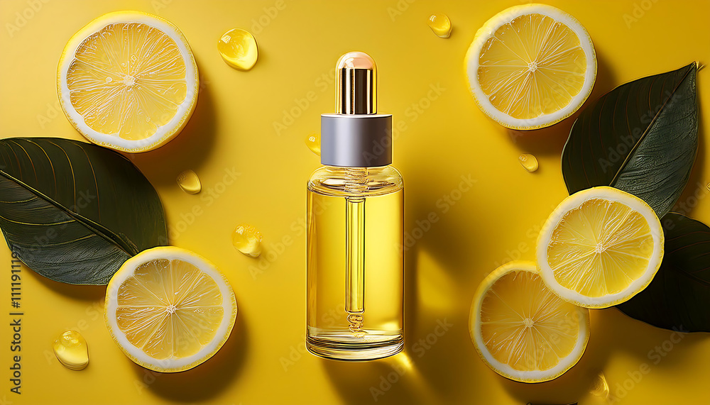 A clear bottle of serum on the yellow table surrounded by a few slices of lemon A clear bottle of serum on the yellow table surrounded by a few slices of lemon
